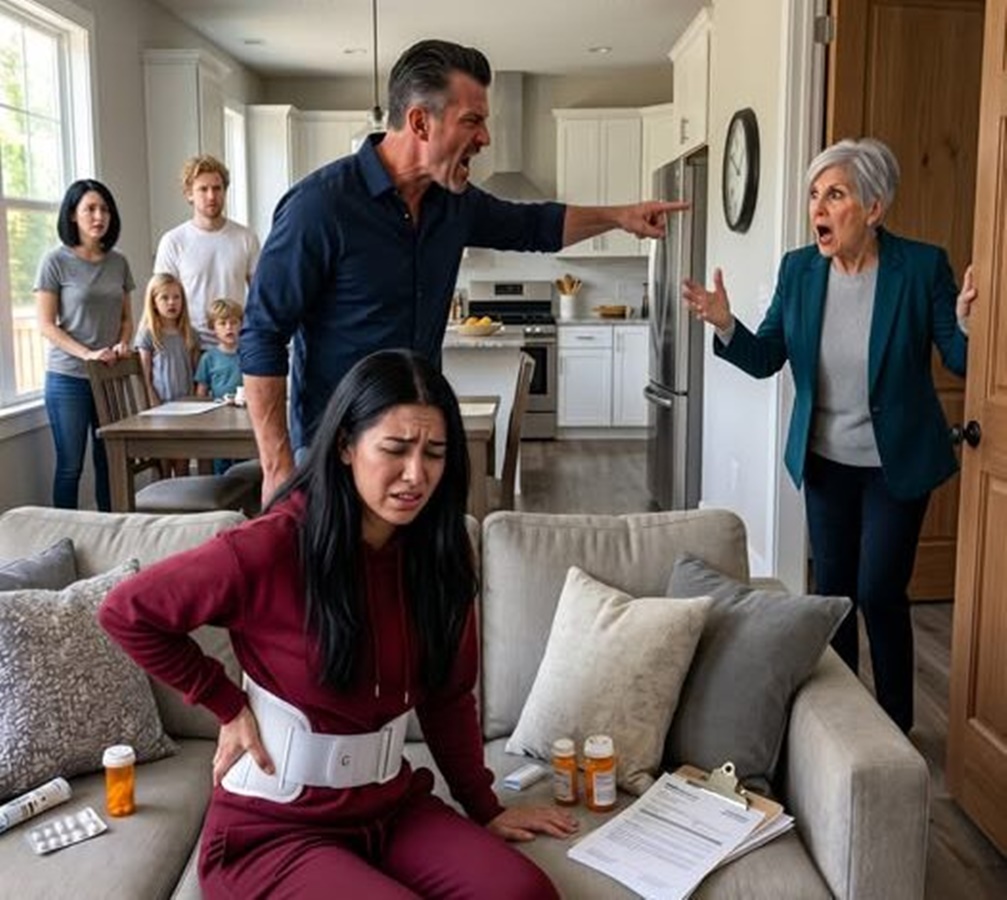 “Take out your stitches and get up to cook!” my husband barked the day after my spine surgery, because his sister’s family had arrived. I could barely move, but he still expected me to serve everyone. Then my mother walked in unexpectedly—and her reaction shocked the entire house… D
